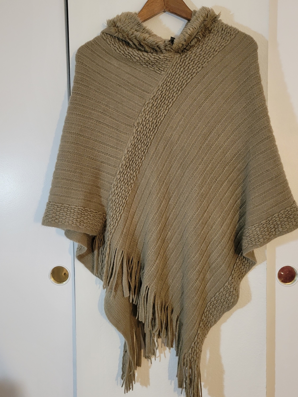 Pinklicious Cozy Hooded Fringe Poncho Sweater in Tan